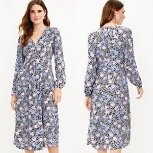 NWT Loft Floral Ruched Long Sleeve Midi Dress, Black Pink Blue - Size‎ 18